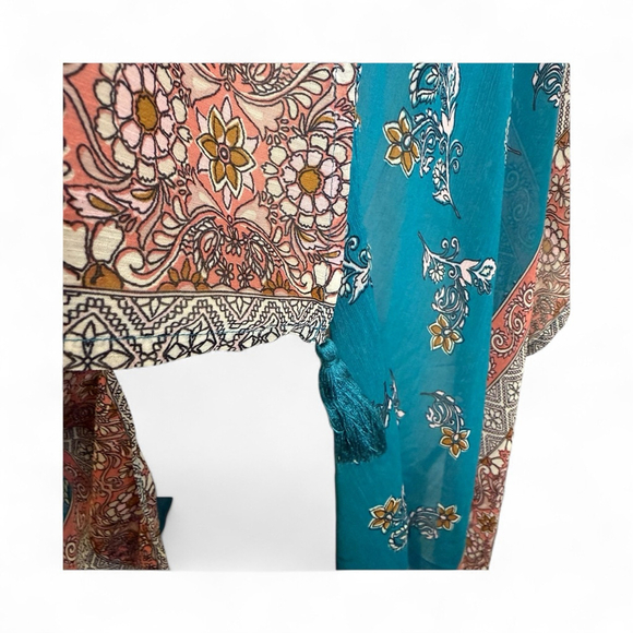 Women's Teal Peach Gold Floral Kimono with Tassels M Lace Open Cardigan - Picture 3 of 5